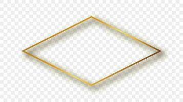 Gold glowing rhombus shape frame with shadow isolated on background. Shiny frame with glowing effects. Vector illustration.