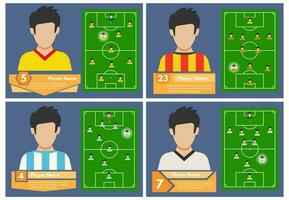 Set of four football players with a position on the field where they play. Soccer field for playing. Vector illustration