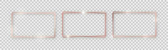 Double rectangular shiny frames with glowing effects. Set of three rose gold double rectangular frames with shadows vector