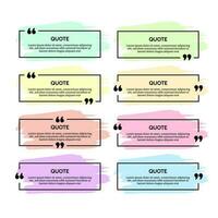 Set of eight black rectangular quote box frames with colour smears isolated on white background. Vector illustration
