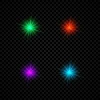 Light effect of lens flares. Set of four green, red, purple and blue glowing lights starburst effects with sparkles vector