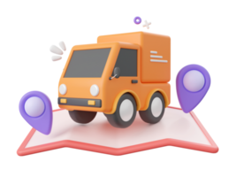 3d tecknad serie design illustration av leverans service, leverans lastbil med stift på Karta. png