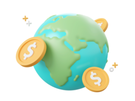 3d Karikatur Design Illustration von Globus mit Dollar Münzen, Investition und Ersparnisse Konzept. png