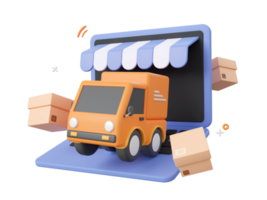 3d cartone animato design illustrazione di consegna camion spedizione pacco scatole, shopping e consegna servizio in linea. png