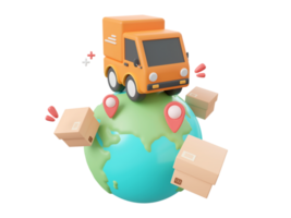 3d dessin animé conception illustration de livraison un camion livraison parcelle des boites avec épingle sur globe, global achats et livraison un service concept. png