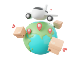3d tekenfilm ontwerp illustratie van levering vliegtuig Verzending pakket dozen met pin Aan wereldbol, globaal boodschappen doen en levering onderhoud concept. png