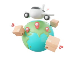 3d cartoon design illustration of Delivery airplane shipping parcel boxes with pin on globe, Global shopping and delivery service concept. png