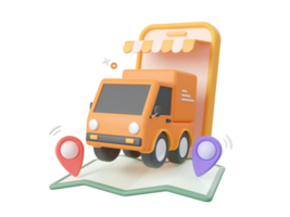 3d dessin animé conception illustration de livraison un service sur mobile, livraison un camion avec épingles sur carte. png