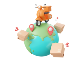 3d cartoon design illustration of Delivery scooter shipping parcel boxes with pin on globe, Global shopping and delivery service concept. png