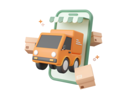 3d cartoon design illustration of Delivery truck shipping parcel boxes, Shopping and delivery service online. png