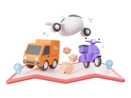 3d tecknad serie design illustration av leverans service, leverans flygplan, lastbil och scotter med stift på Karta. png