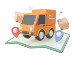 3d tecknad serie design illustration av leverans service, leverans lastbil frakt paket låda med stift på Karta. png