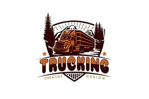 Trucking company logo, semi trailer truck vector illustration with nature background vintage style