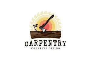 Ax design standing on wood for carpentry logo in vintage style vector