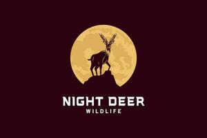 Wild deer logo design with vintage night moon background vector