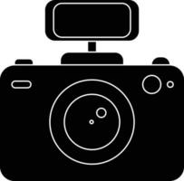 Black and White photo camera with flash. Glyph icon or symbol. vector