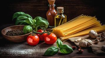 Cooking Italian Style Pasta or Spaghetti Dish Ingredients on Dark Wooden Table, Close Up Shot Technology. photo