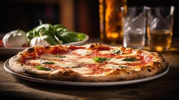 A Fresh Baked Margherita with Salad and Drink Glass and Bottle on Rustic Table for Pizza Lover. . photo