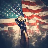 Closeup Photography of Raising Human Fist Against Abstract USA National Flag Background, Concept of Protest Resistance, Standing Up for Beliefs Fighting and Justice. . photo