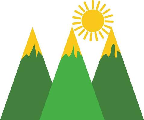 Green mountains with yellow sun rays.