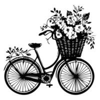 Romantic bike with spring flowers. Retro bike carrying basket, with flowers and plants. vector