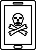 Skull with crossbones on smartphone screen in black line art. vector