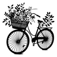 Romantic bike with spring flowers. Retro bike carrying basket, with flowers and plants. vector