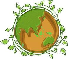 Illustration of Earth globe with green leaves. vector