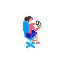 Girl character sitting on chair and holding game controller. vector