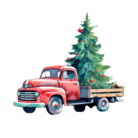 Red Truck Trees Winter Watercolor Clipart AI Generated png
