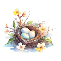 pájaro nido huevos flores acuarela clipart ai generado png