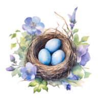 Vogel Nest Eier Blumen Aquarell Clip Art ai generiert png