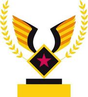 Yellow laurel wreath decorated black wings trophy award. vector