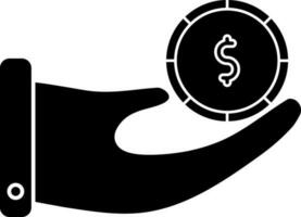 Human hand hold dollar coin glyph icon. vector