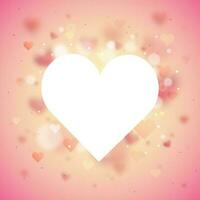 White heart shape frame on shiny pink bokeh effect background. vector