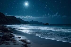 brillante noche paisaje por el mar a lleno Luna generativo ai foto