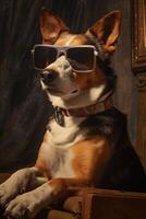 Studio portrait of Cute Anthropomorphic Dog Wearing Silver Sunglasses and Sitting at Brown Vintage Room. . photo