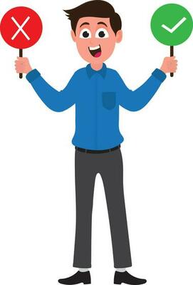 Businessman holding right and wrong boards.