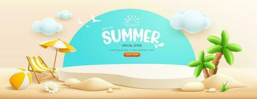 Podium Summer display, pile of sand, coconut tree, beach umbrella, beach chair, beach ball, flowers, banner design, on cloud and sand beach background, EPS 10 vector illustration