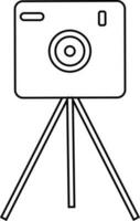 Camera on tripod in black line art illustration. vector