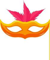 Shiny stick mask decorated with pink feathers. vector