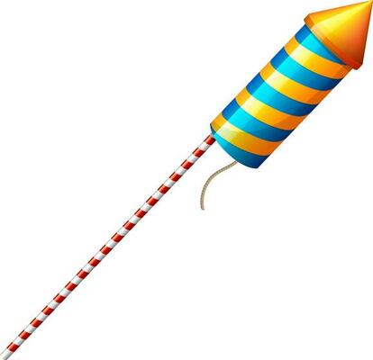 3D firecracker rocket in pink and blue stripe pattern.