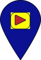 Blue map pointer with red and yellow play button. vector