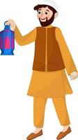 Islamic man character holding lantern in walking pose. vector