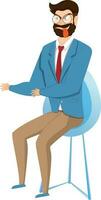 Young cheerful businessman character sitting on chair. vector