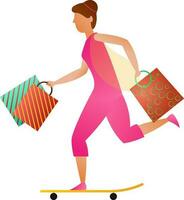 Faceless lady character skating with shopping bags. vector