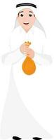 Illustration of a Muslim man holding bag in standing pose on white background for Muslim community. vector