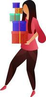 Faceless girl character carrying stack of gift boxes. vector