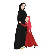 Character of a cheerful islamic mother hugging her daughter in Eid Mubarak Celebration. vector