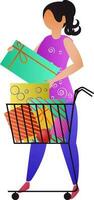 Lady character with shopping cart full of gift boxes. vector